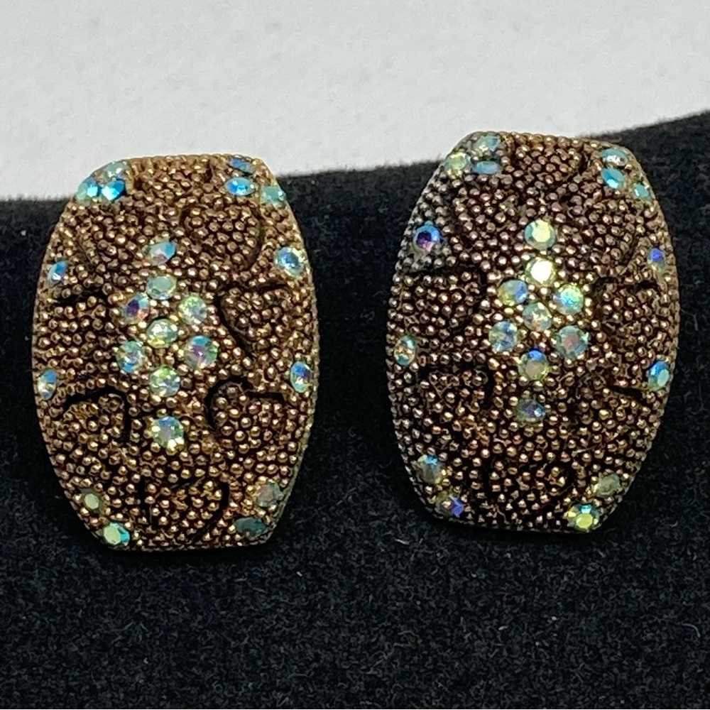 Vintage Bronze-Tone Aurora Borealis Rhinestone Pierced Earrings